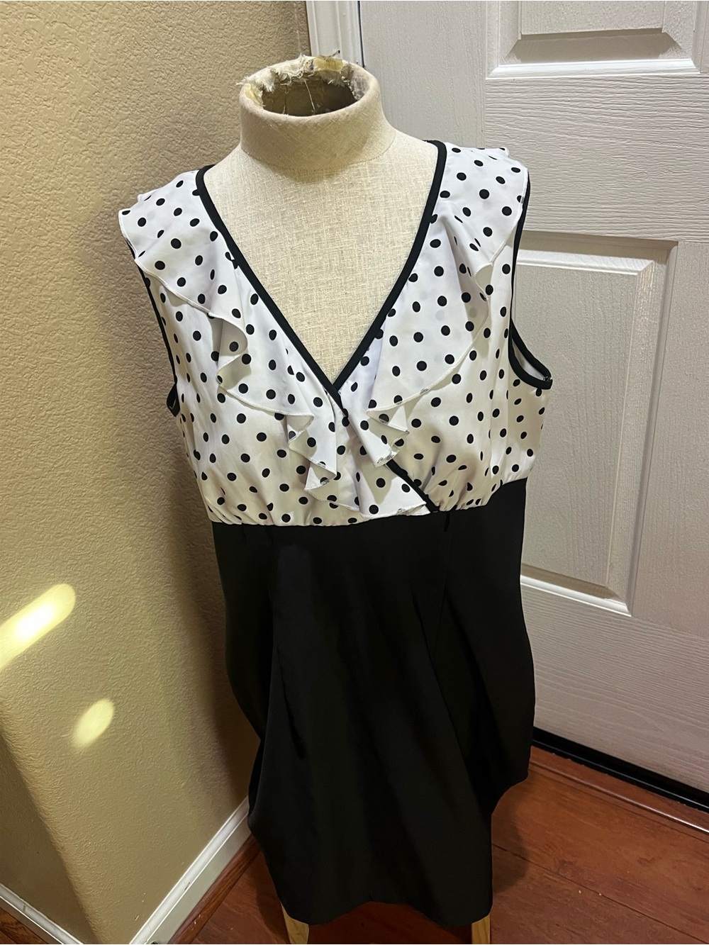 AB Studio Black White Polka Dot Ruffle Surplice Cocktail Dress